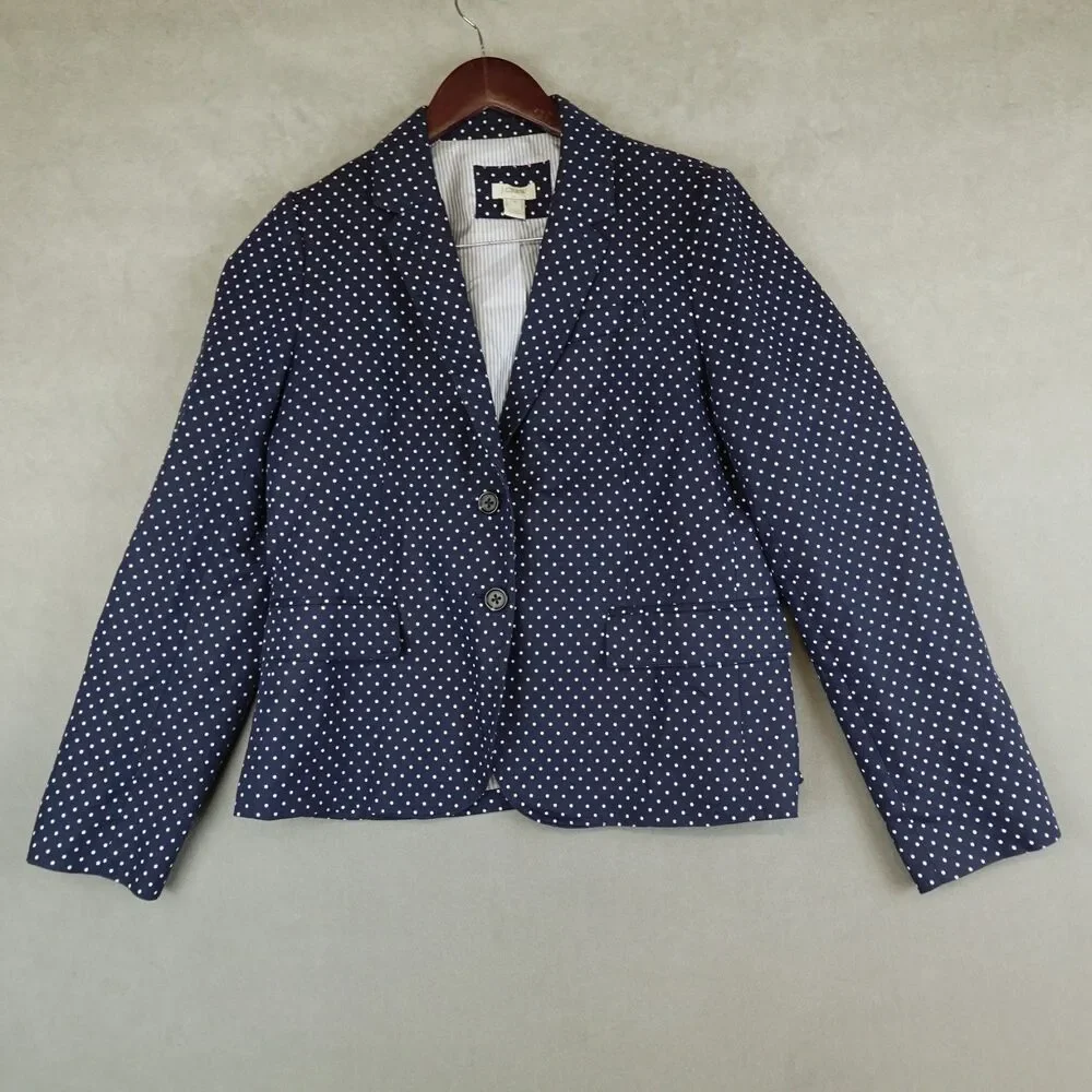 J Crew Schoolboy Blazer Linen Blend Jacket Polka Dots White Navy Women Size 12
